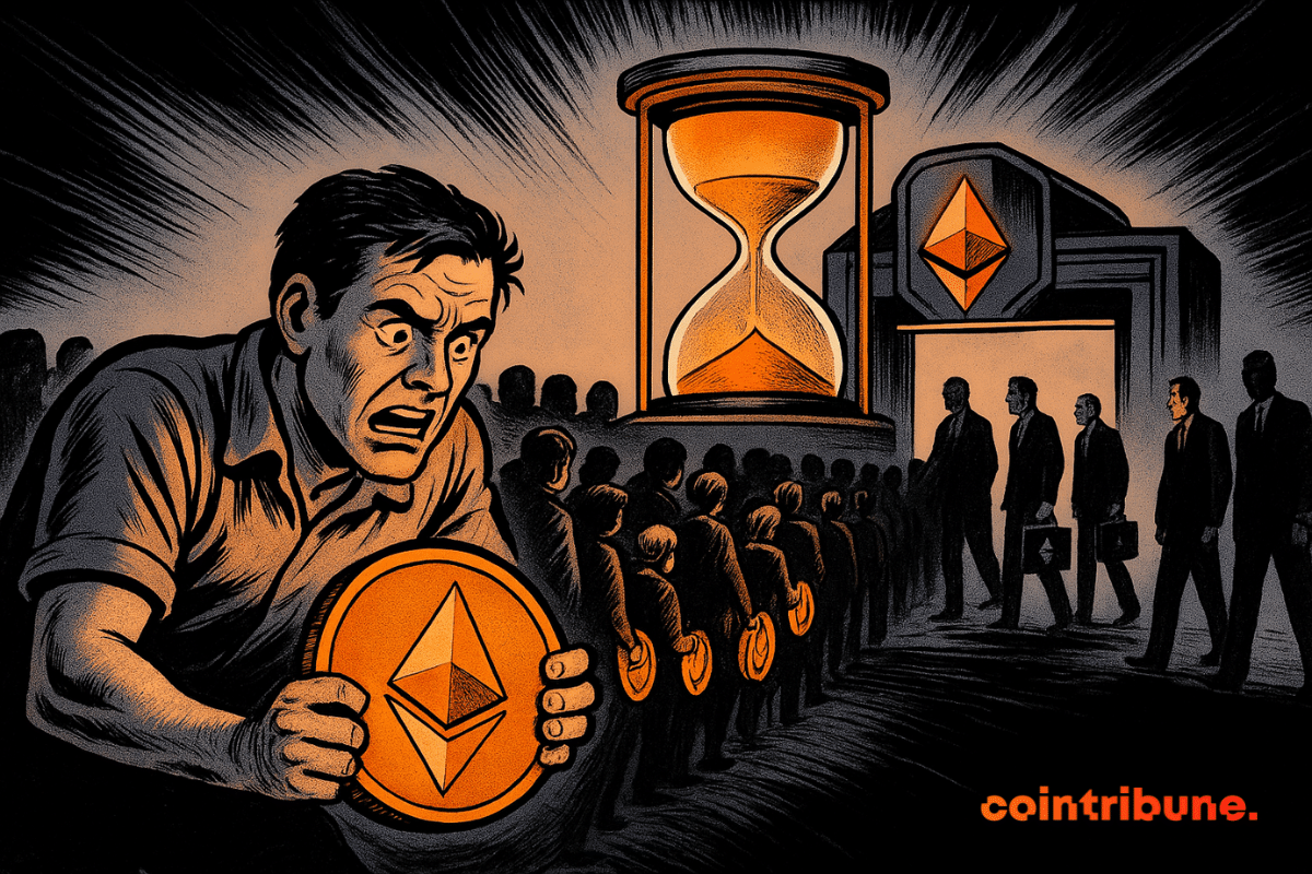 A distressed man clutches a glowing Ethereum coin while standing in a long queue before a gate with an Ethereum symbol, under a giant orange hourglass, as suited businessmen bypass the line.