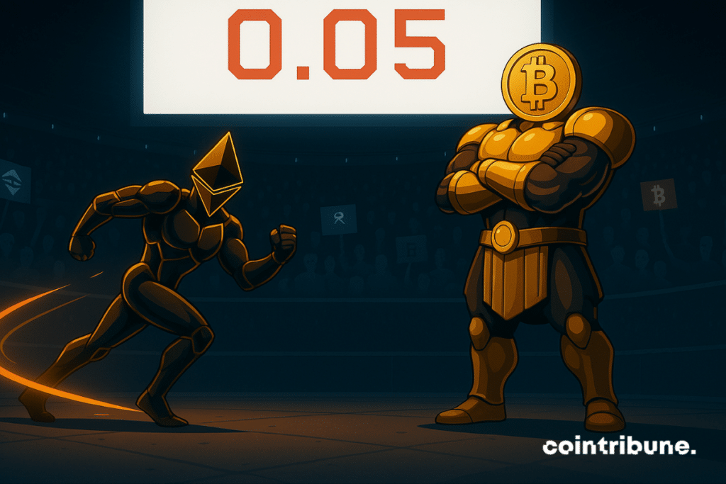 Gladiator Ethereum charges at Bitcoin in a digital arena with "0.045" shown above.