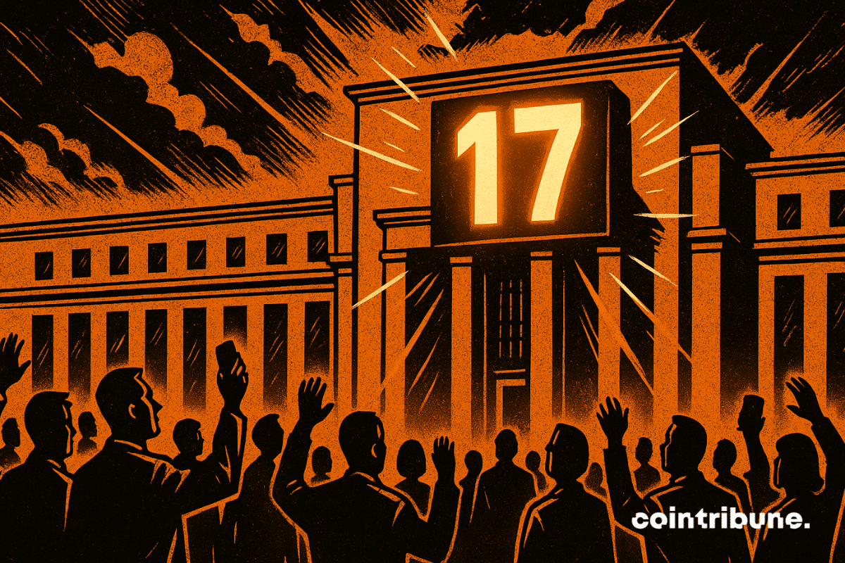 A huge luminous sign hanging above the Fed building displays the number 17 in massive figures, shining like a revelation. A crowd of silhouetted investors and traders stands in front of the building, some raising their arms or smartphones toward the sign, all immersed in a nervous anticipation.