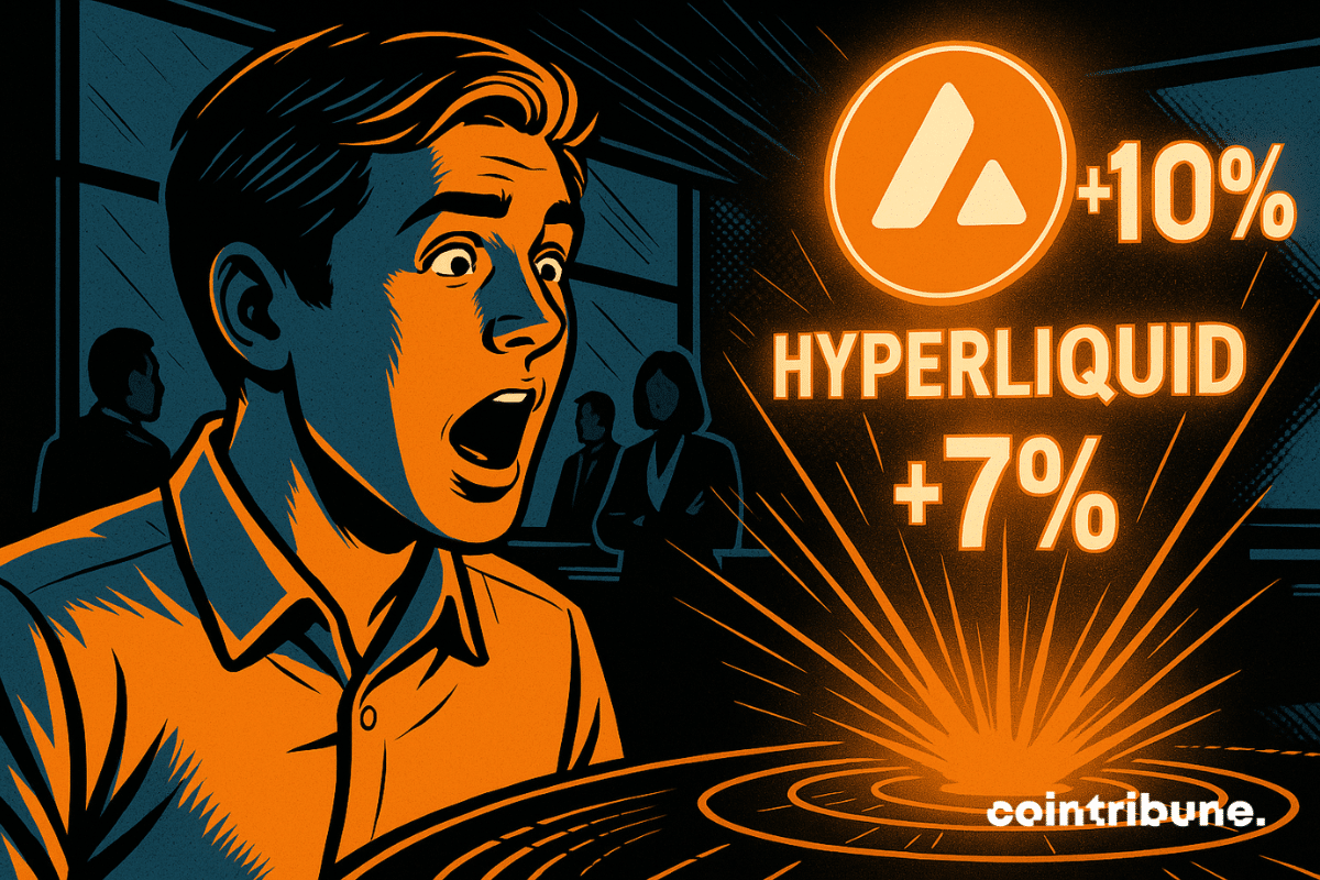 A young investor in a shirt looks at a 3D hologram projecting Avalanche (+10%) and Hyperliquid (+7%), symbolizing the rebound of altcoins after the Fed's rate cut.