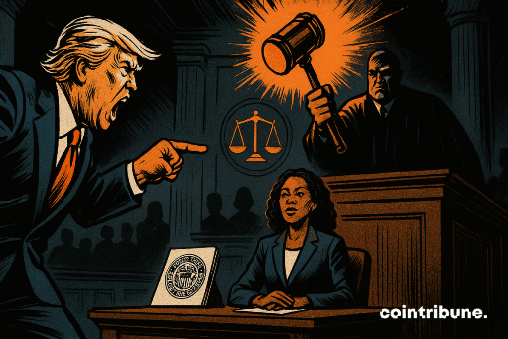 In a courtroom, Trump stands, finger pointed at Lisa Cook, his face red with anger. Lisa Cook sits calmly, a folder marked "Fed" in front of her. A towering judge, gavel raised, tries to interrupt the American president's action.