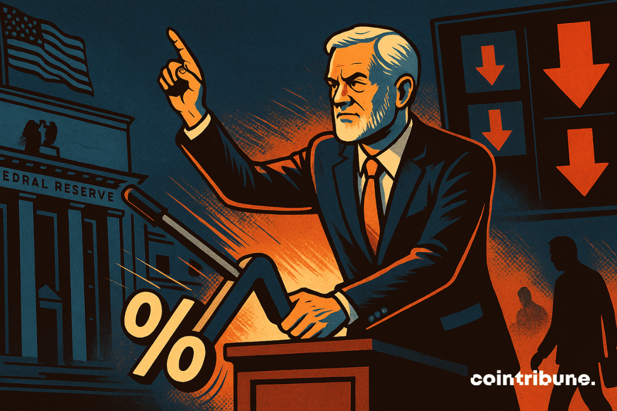 Christopher Waller, Federal Reserve governor, is standing with his arm raised as if to vote. He pulls down a gigantic lever marked “%” toward the ground, symbolizing the rate cut.