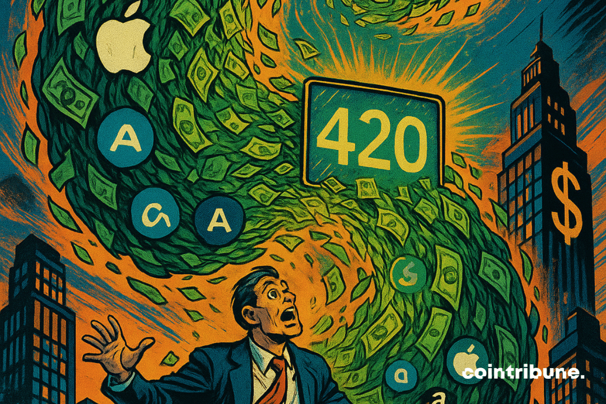A stunned trader is overwhelmed by a wave of bills, Big Tech logos visible, the number 420 shining in the center.
