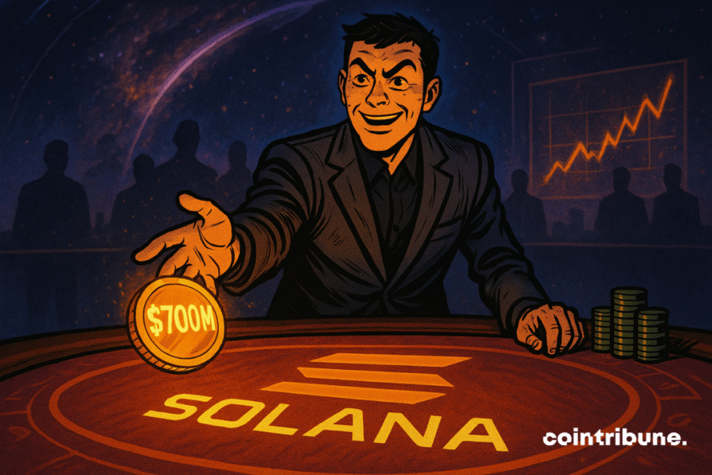 Un hombre apuesta con confianza 700 millones de dólares en un casino espacial en una mesa Solana iluminada bajo un cielo galáctico.