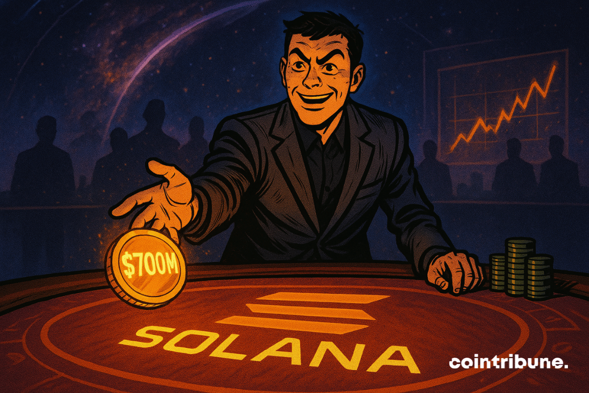 A man confidently bets 0 million in a space casino at an illuminated Solana table under a galactic sky.