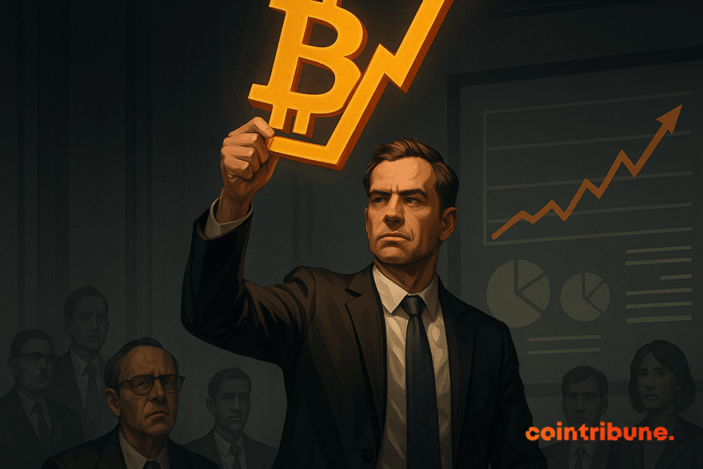 Um CEO segura um símbolo brilhante do Bitcoin na frente de analistas em um cenário de gráficos financeiros em ascensão.