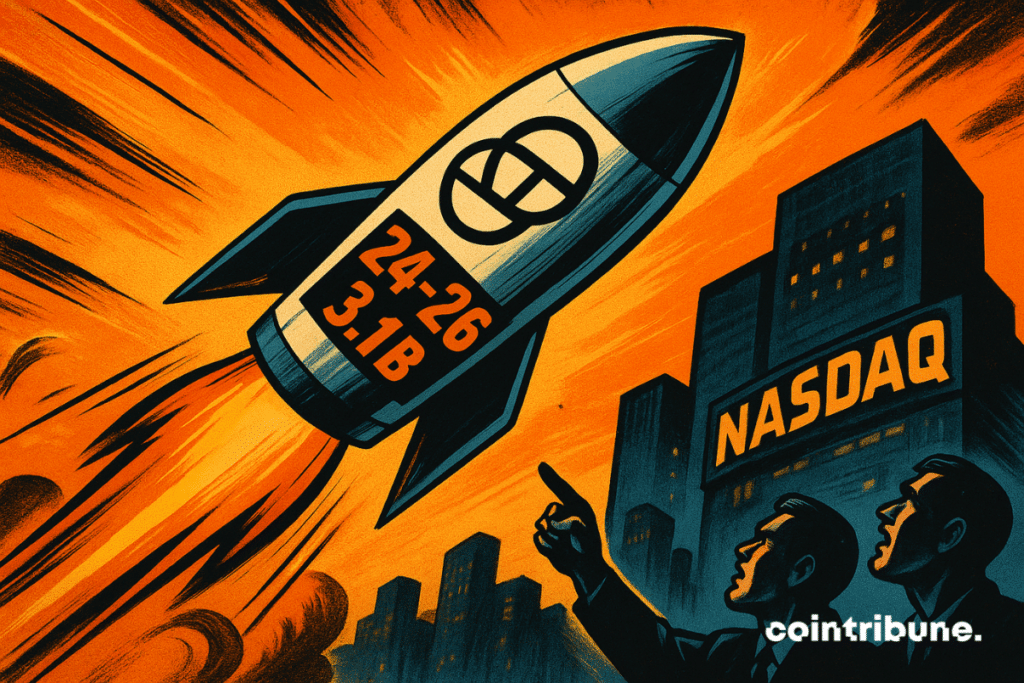 A retro 70s comic-style rocket marked with Gemini’s logo and numbers “24–26” and “3.1B” blasts upward over a city with the Nasdaq tower.