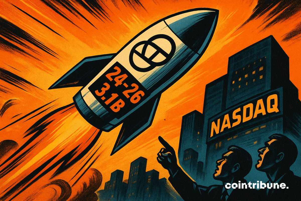 A retro 70s comic-style rocket marked with Gemini’s logo and numbers “24–26” and “3.1B” blasts upward over a city with the Nasdaq tower.