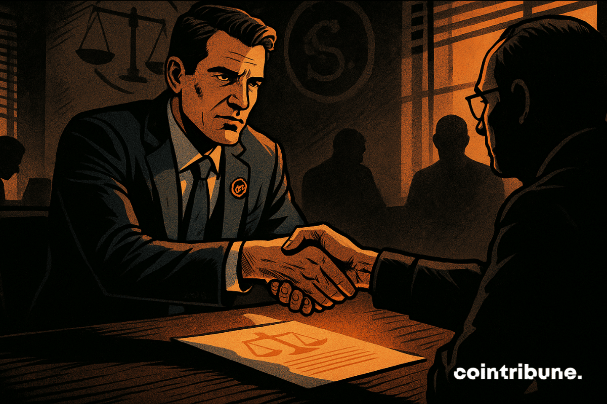 Representante da Gemini aperta a mão de funcionário da SEC sobre documento legal em cena tensa no escritório.
