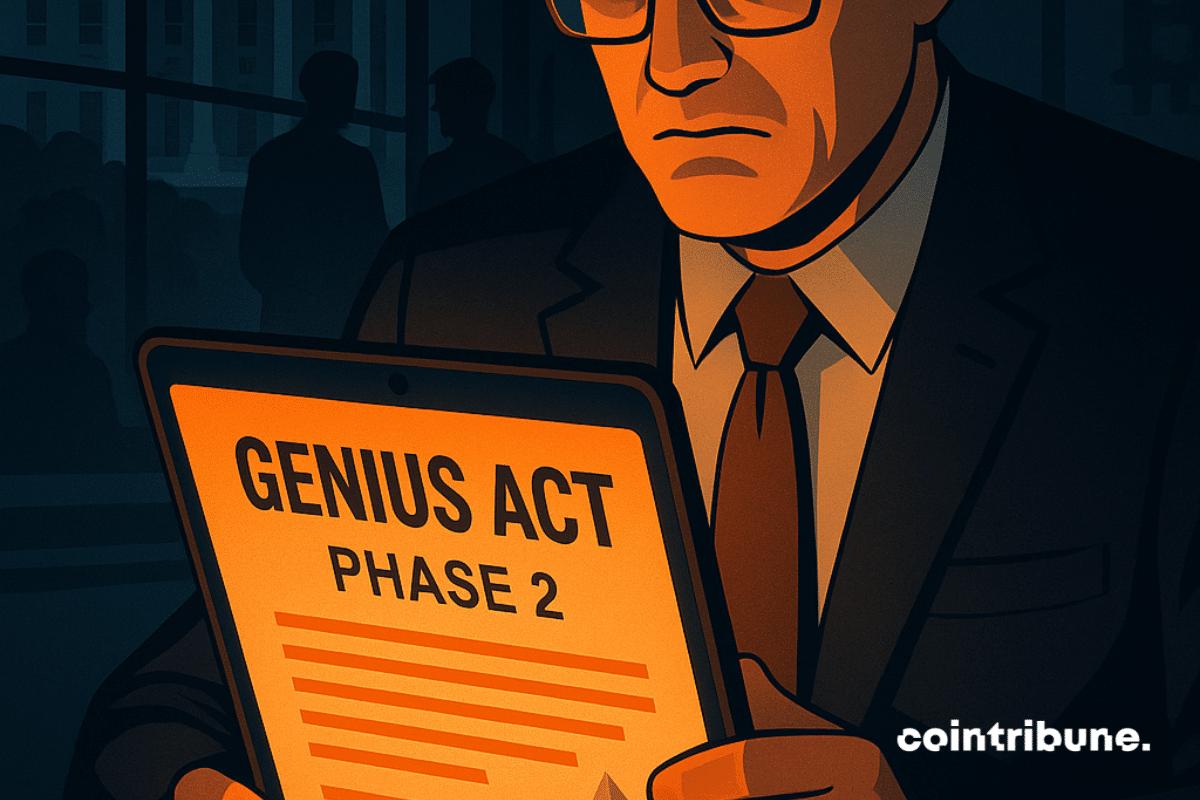 A government agent examines a tablet displaying "Genius Act Phase 2," lit by an ominous orange glow.
