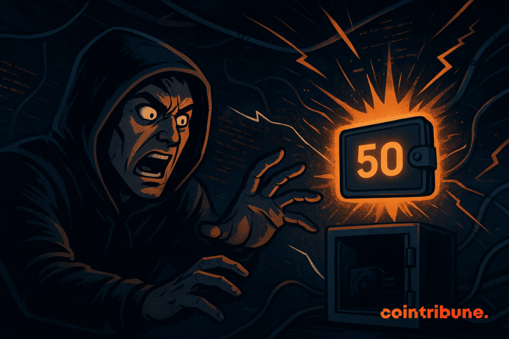 A furious hacker in a hoodie reaches toward a glowing digital wallet showing the number 50, with lightning-like lines crackling around it.