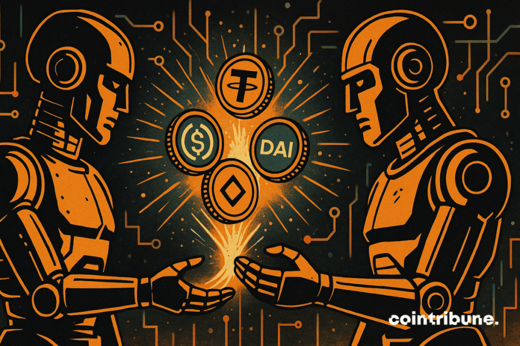Two humanoid robots stand in a transactional posture, each extending a hand toward the other. Between their hands floats a beam of light, within which stylized stablecoin tokens (USDT, USDC, DAI) appear, circulating like a transfer of energy, symbolizing Google’s new AI-to-AI payments protocol.