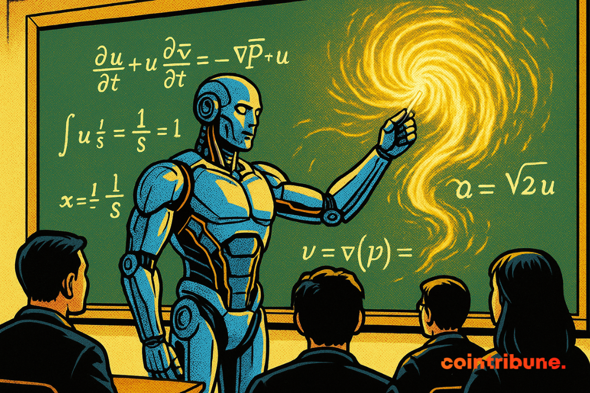 A robot teaches students, drawing a luminous vortex on a blackboard filled with equations, in a vibrant atmosphere.