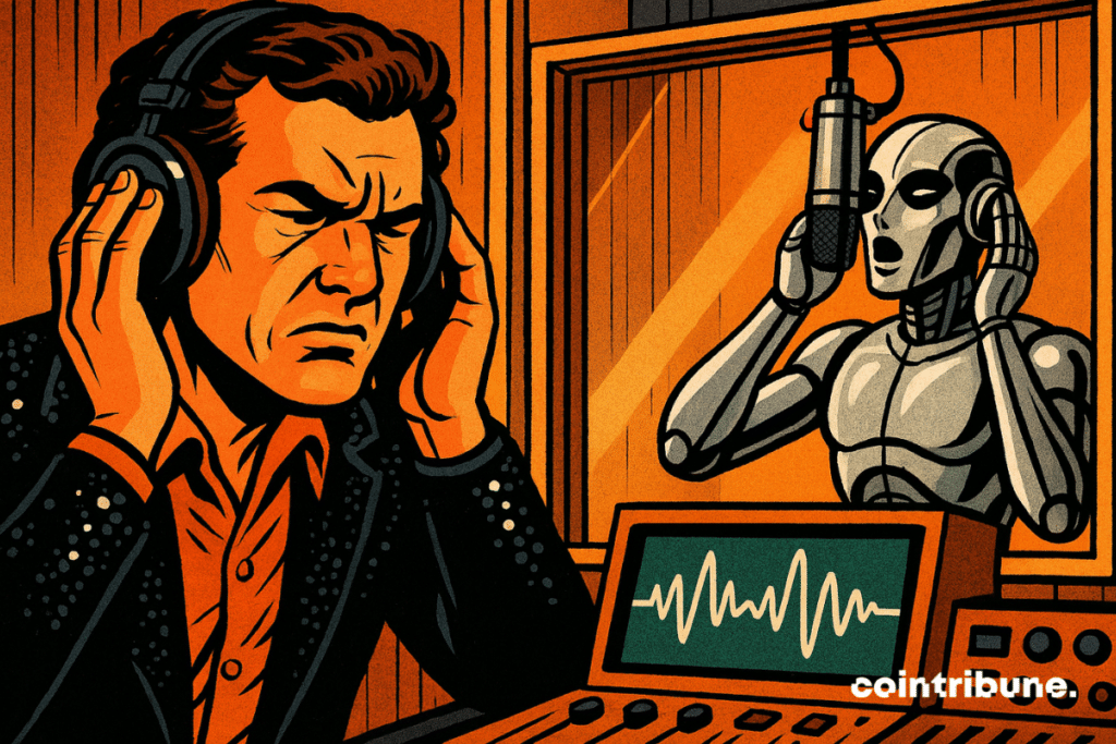 A tense human singer faces off against a sleek AI in a vintage studio, separated by glass, creating an intense atmosphere.