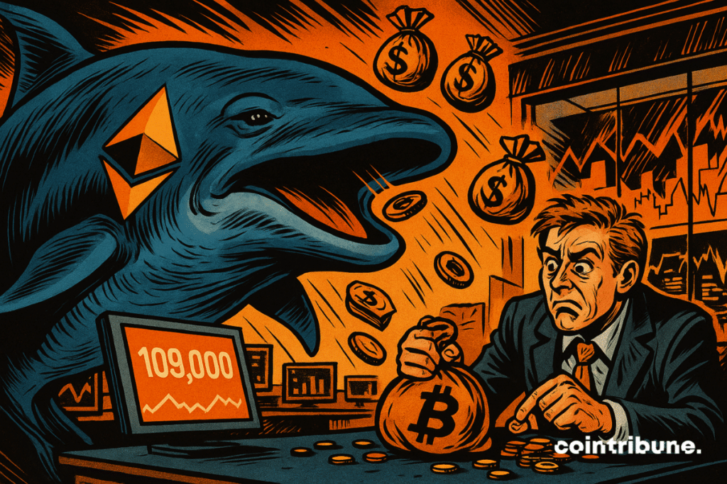 Uma baleia Ethereum absorve sacos de dinheiro, enquanto o Bitcoin, pequeno e frustrado, conta suas moedas em uma mesa.