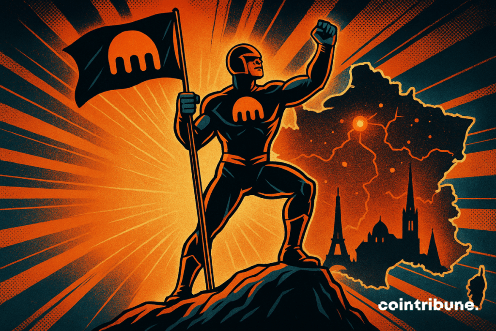 A superhero figure bearing the Kraken logo plants a flag atop a mountain, with a glowing map of France and iconic landmarks like the Eiffel Tower in the background, symbolizing Kraken’s expansion across the country.