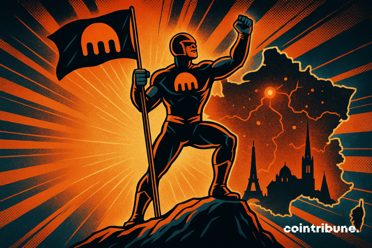 A superhero figure bearing the Kraken logo plants a flag atop a mountain, with a glowing map of France and iconic landmarks like the Eiffel Tower in the background, symbolizing Kraken’s expansion across the country.