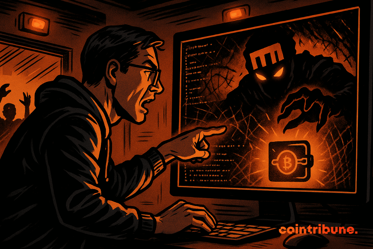 Ledger CTO points urgently at a screen displaying a shadowy NPM digital threat targeting a crypto wallet.