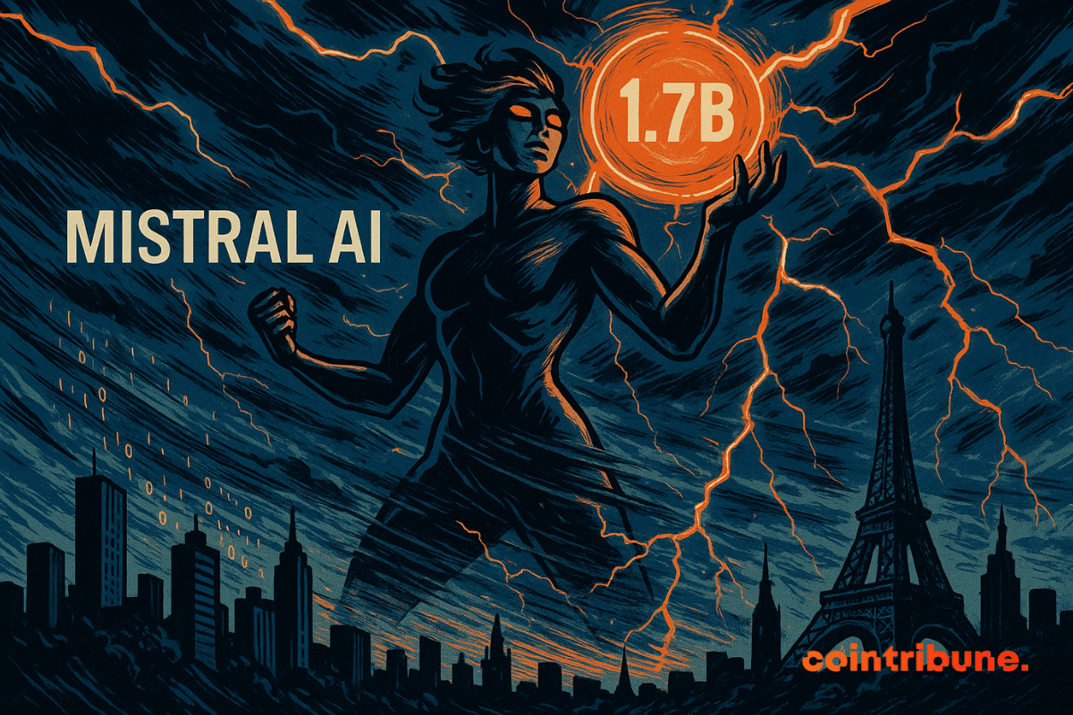 Giant figure conjuring up a storm over Paris, holding a “1.7B” orb, illuminated by intense orange lightning bolts.