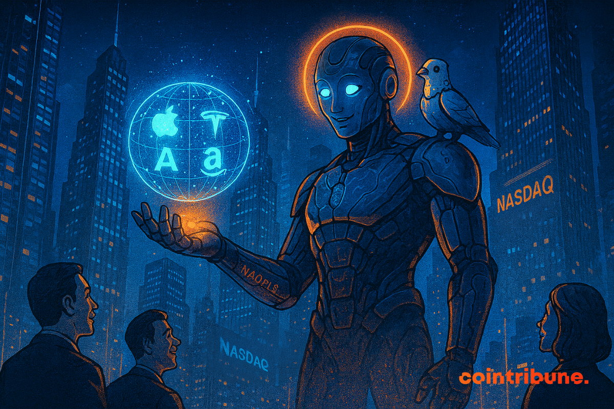 A glowing humanoid robot holds a holographic globe with Apple, Tesla, and other corporate logos, surrounded by Nasdaq skyscrapers.