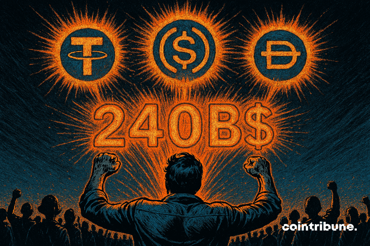 A man celebrates a celestial explosion of stablecoins, illuminated by “240B,” under the amazed gaze of a nighttime crowd.