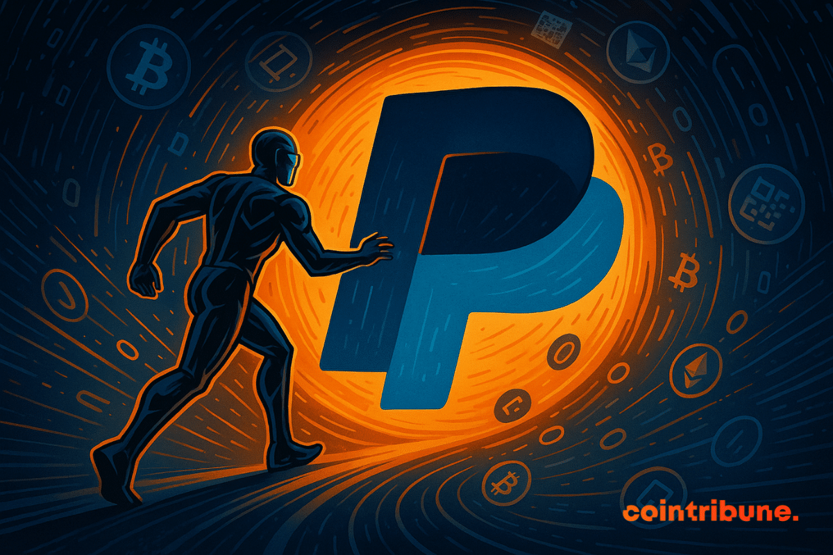 A futuristic character enters a portal shaped like the PayPal logo, surrounded by crypto symbols floating in a vortex.