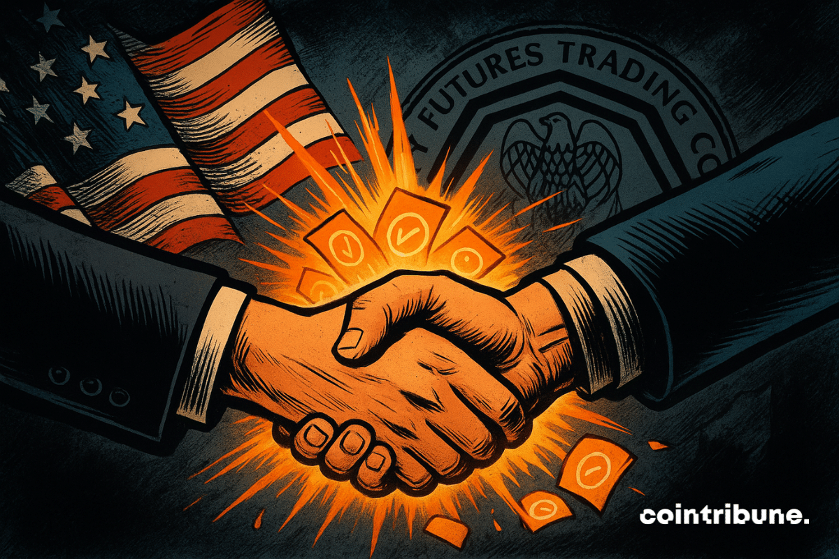 A comic-style illustration of two hands shaking, one in a business suit and the other casual, with orange light and tokens bursting between them, set against a U.S. flag and CFTC seal.