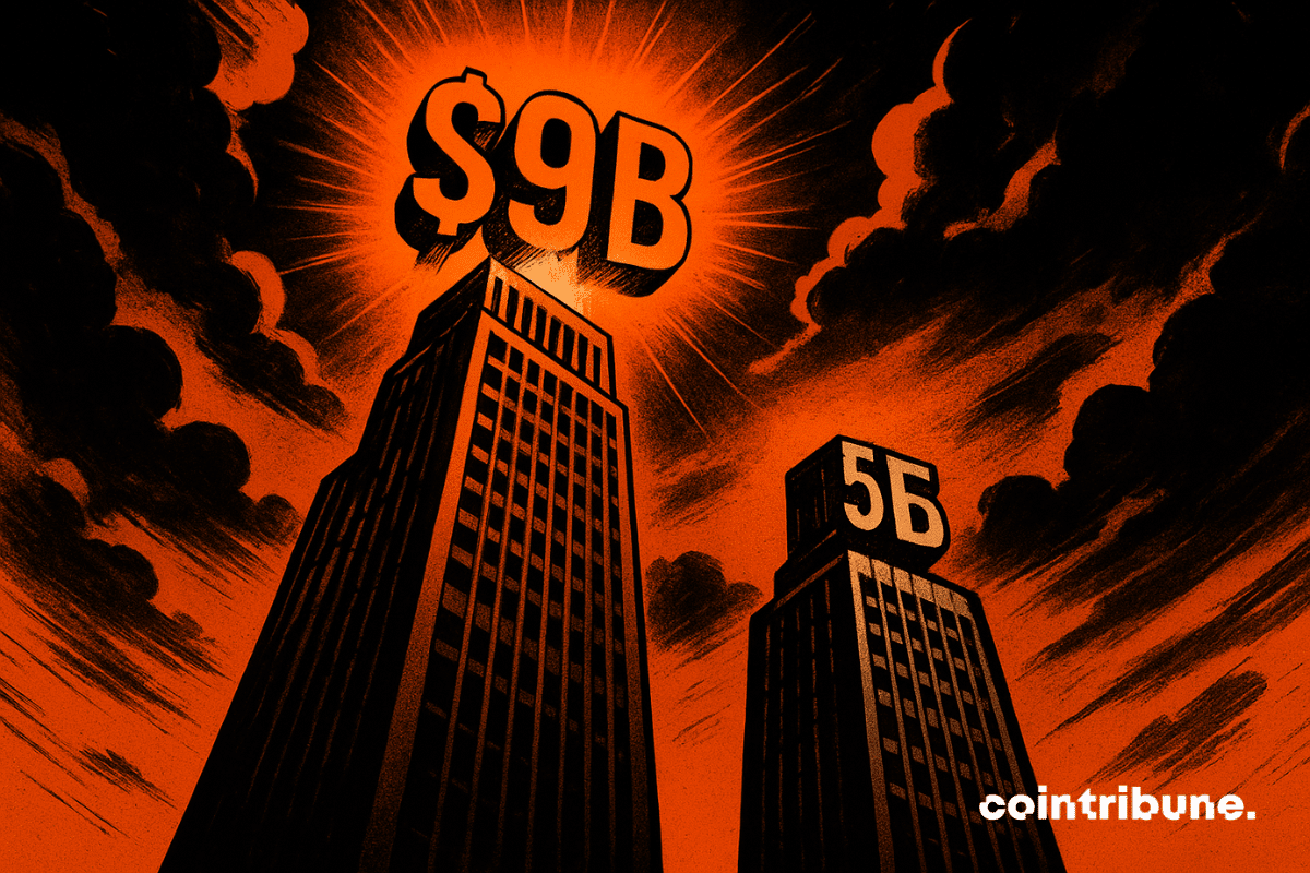 Two towering skyscrapers in bold 1970s comic style, one crowned with a glowing orange "B" and the other with a smaller "5B," under a dramatic dark sky.