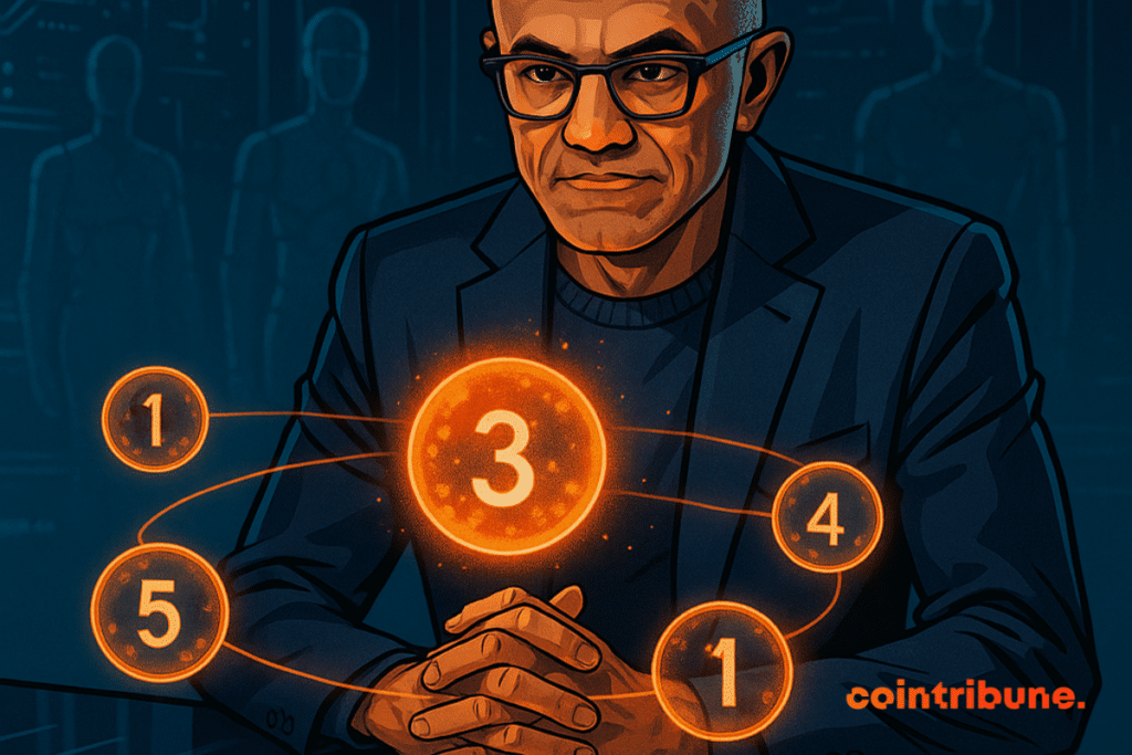 Satya Nadella in front of five numbered orange holographic spheres, in a futuristic office with a blue technological ambiance.