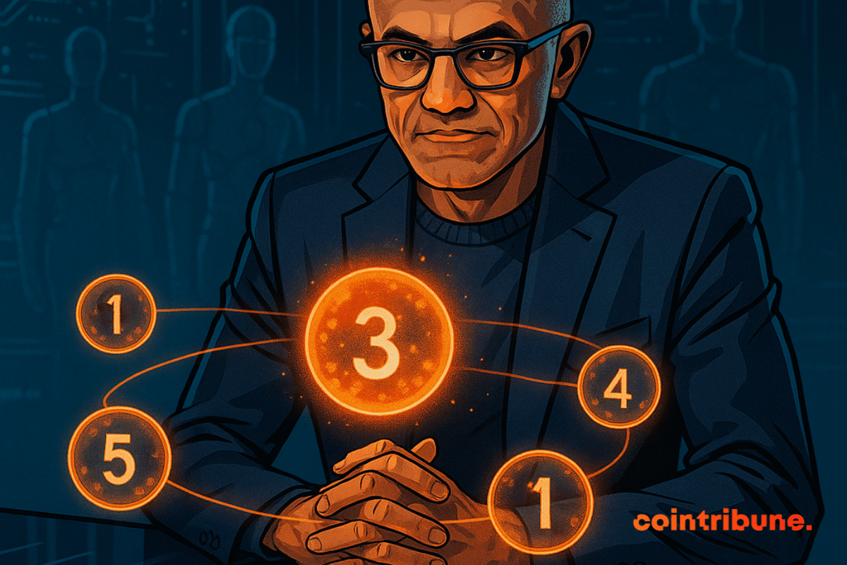Satya Nadella in front of five numbered orange holographic spheres, in a futuristic office with a blue technological ambiance.