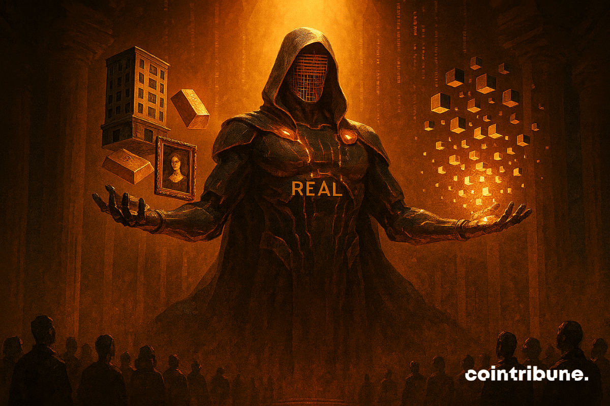 A hooded, futuristic, and mysterious figure levitates buildings, gold bars, and artwork on one side, and digital cubes on the other, in front of a dark crowd.