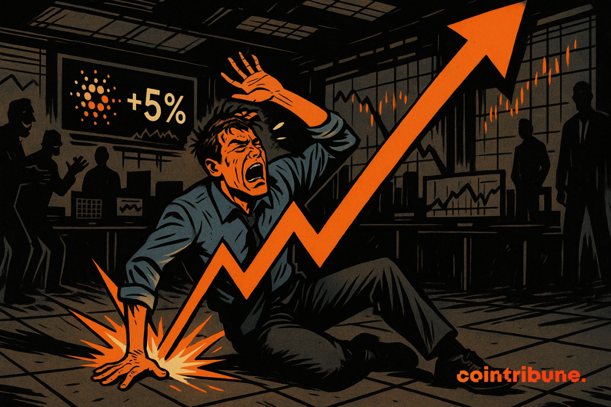 A trader kneels in panic, crushed by a rising orange arrow, symbolizing an unexpected bull market.