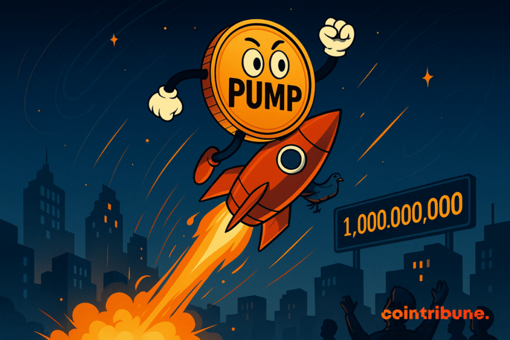 A lively PUMP coin takes off on a flaming rocket, under the amazed gaze of a nighttime crowd.
