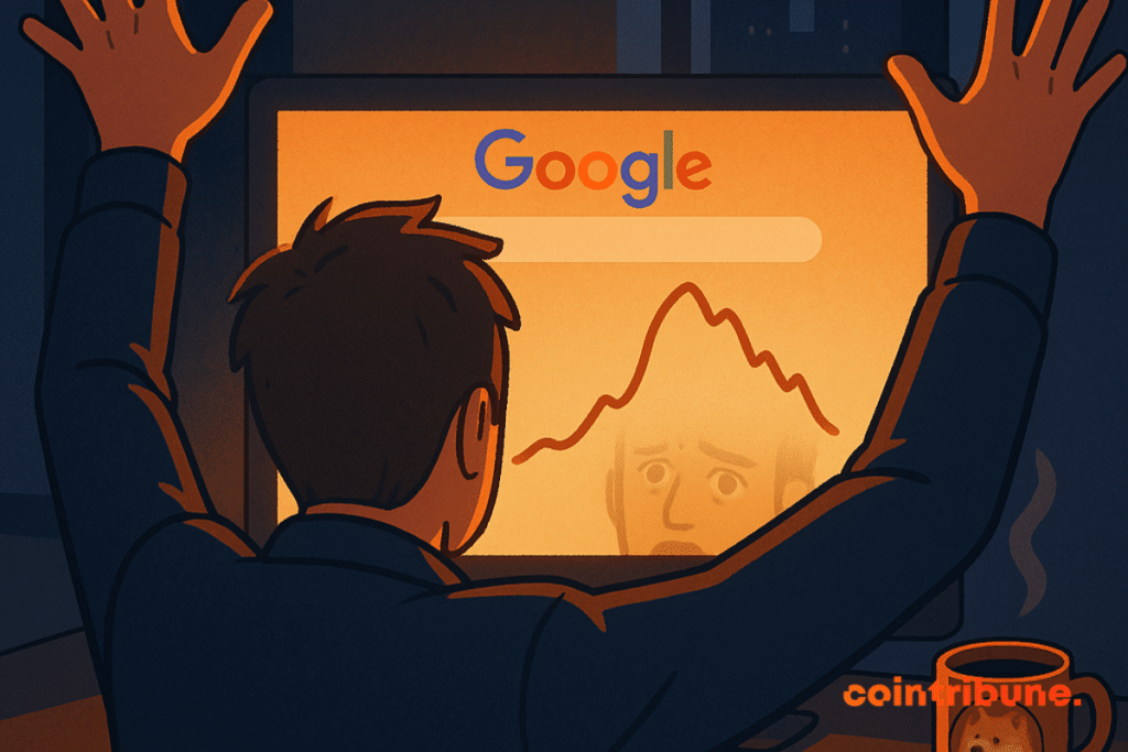 Un hombre mira fijamente una pantalla brillante que muestra un gráfico tibio, que refleja esperanzas frustradas en el mercado de memecoin.