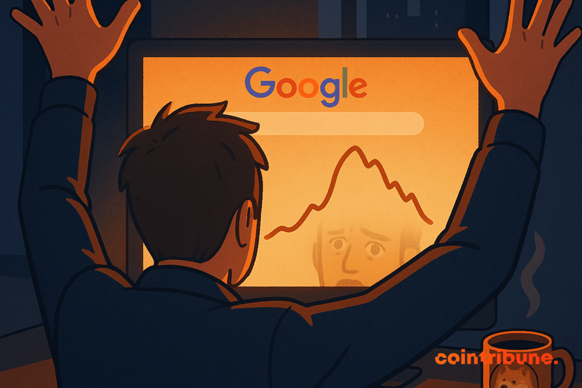 A man stares at a glowing screen displaying a lukewarm graph, reflecting dashed hopes for the memecoin market.