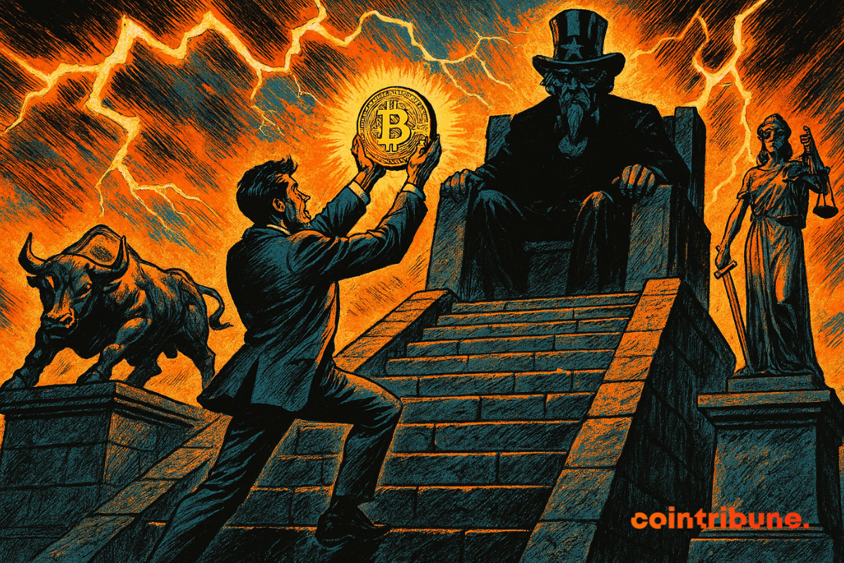 Un homme gravit des marches monumentales, brandissant un Bitcoin lumineux vers Uncle Sam, sous un ciel orageux et statues imposantes.