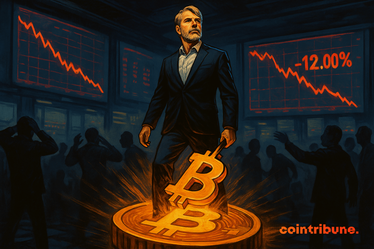 A calm man stands on a glowing Bitcoin, while panicked traders watch a stock market crash.