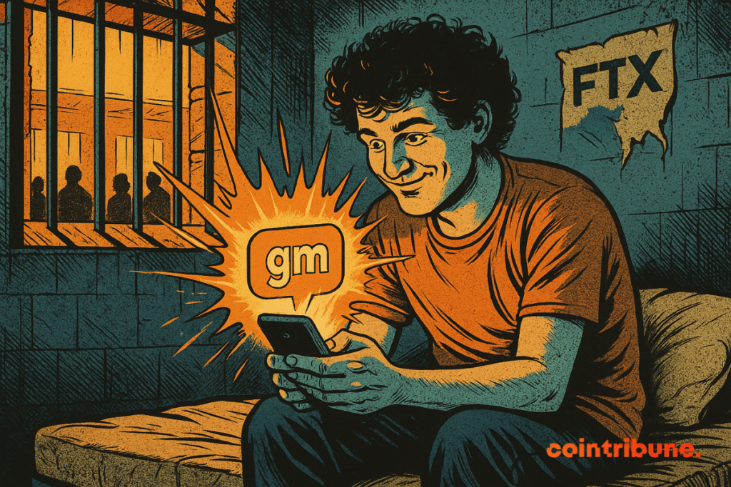 SBF sorri na cela, sentado em uma cama, enviando um “gm” luminoso que ilumina a sala sombria.