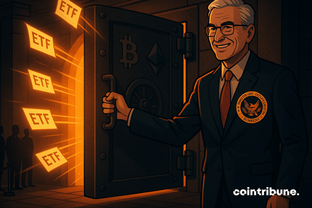 Funcionário da SEC abre cofre brilhante liberando ETFs com símbolos de criptomoedas dentro.