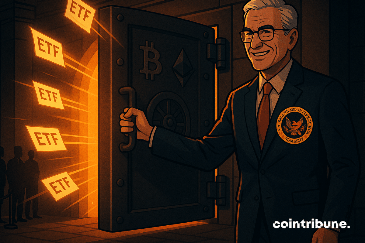 Funcionário da SEC abre cofre brilhante liberando ETFs com símbolos de criptomoedas dentro.