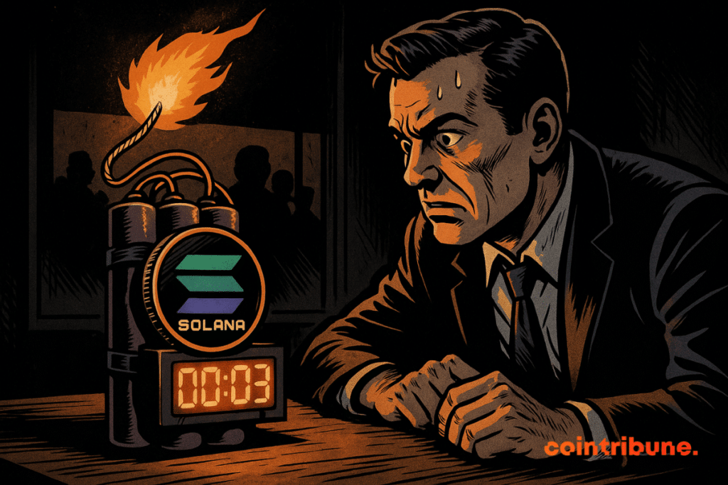 A sweaty man stares at a Solana bomb ready to explode, surrounded by ominous shadows and orange light.