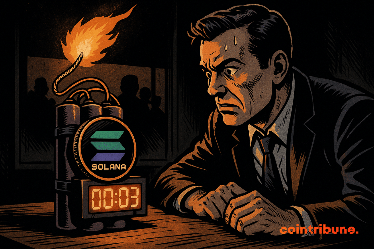 A sweaty man stares at a Solana bomb ready to explode, surrounded by ominous shadows and orange light.