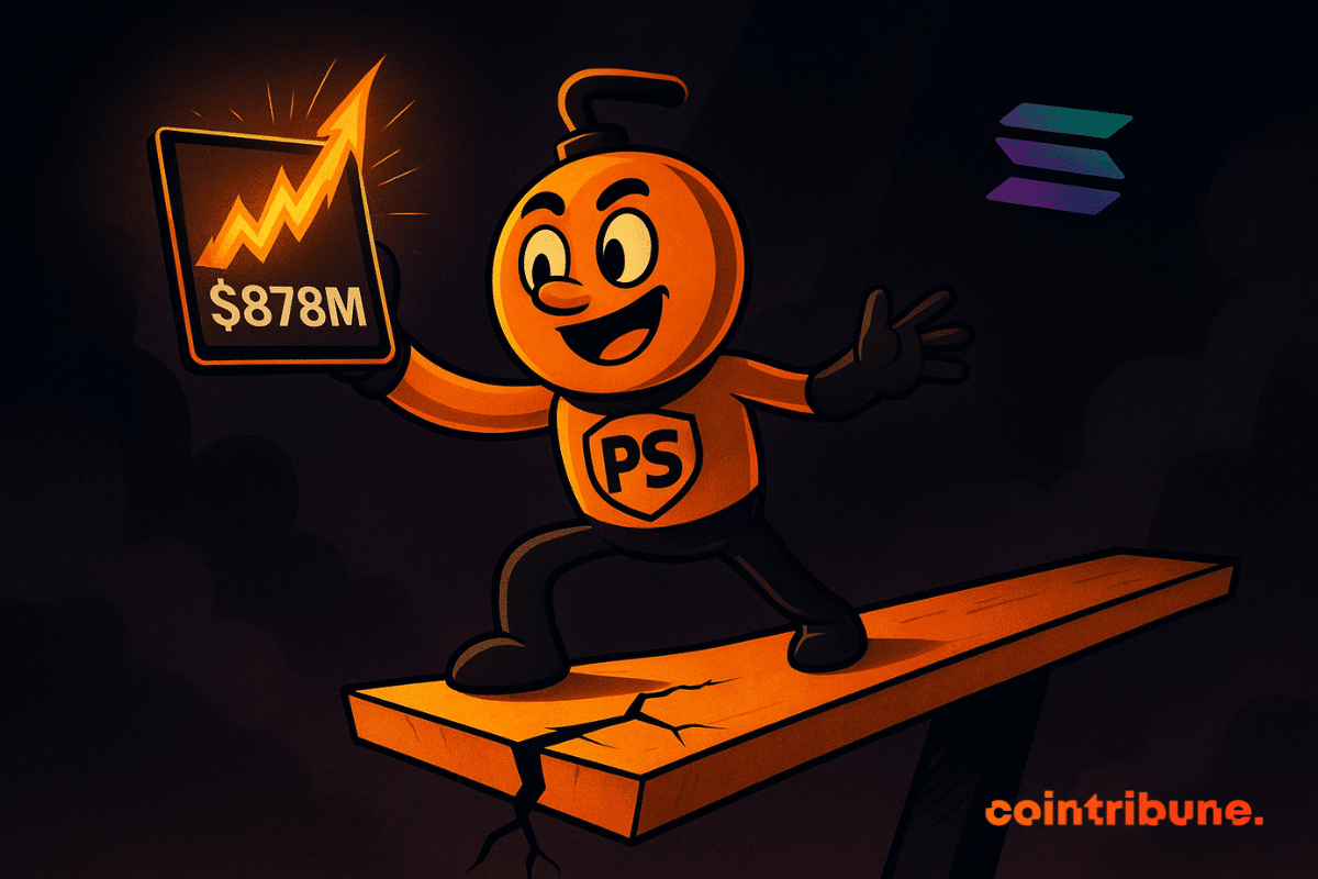 PumpSwap mascot euphoric on a cracked board, holding an “8M” tablet, with the Solana logo looming menacingly in the background.