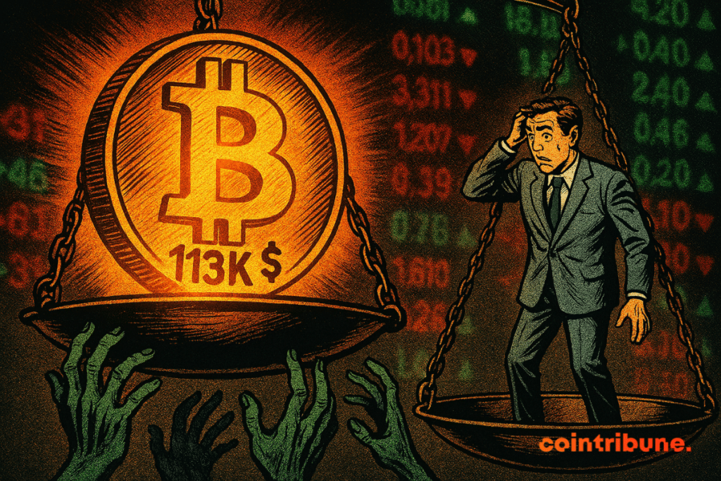 Un Bitcoin géant brille sur une balance, face à un homme perplexe. Des mains fantomatiques tentent de l’atteindre.