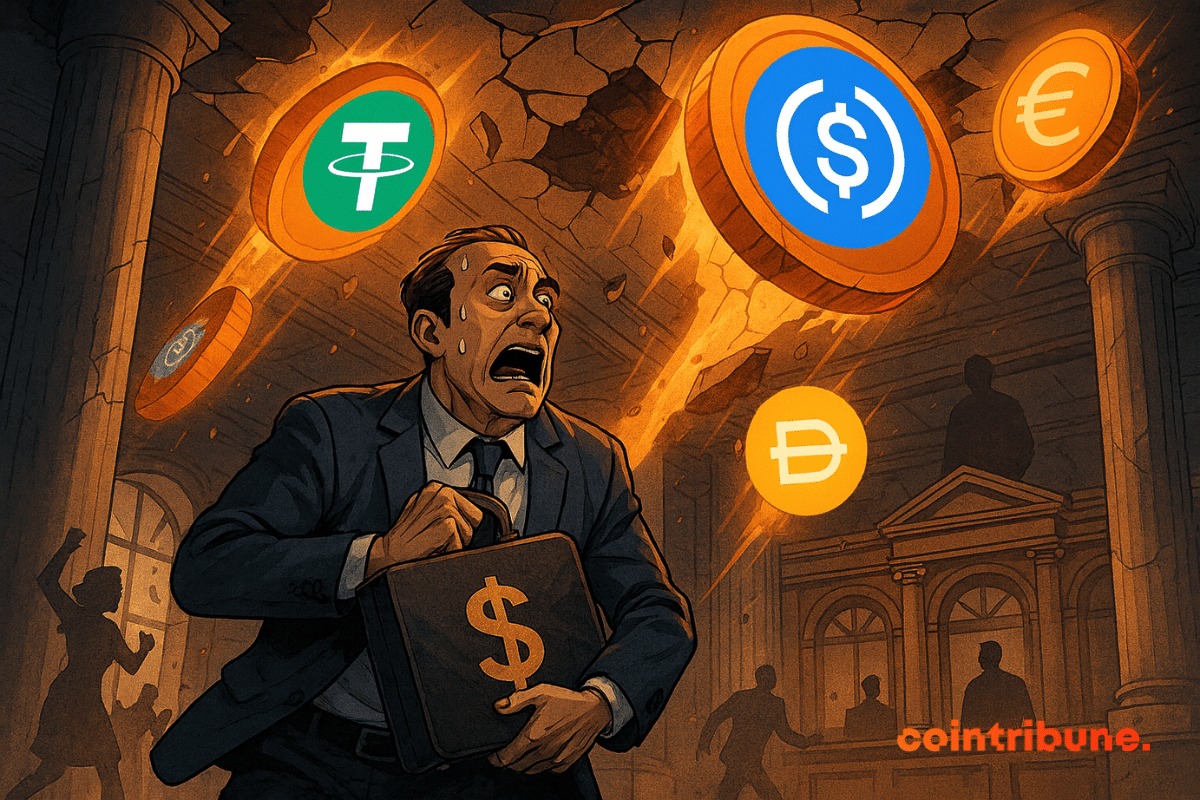 A panicked banker flees from a hail of giant stablecoins smashing through the ceiling of a ruined traditional bank.