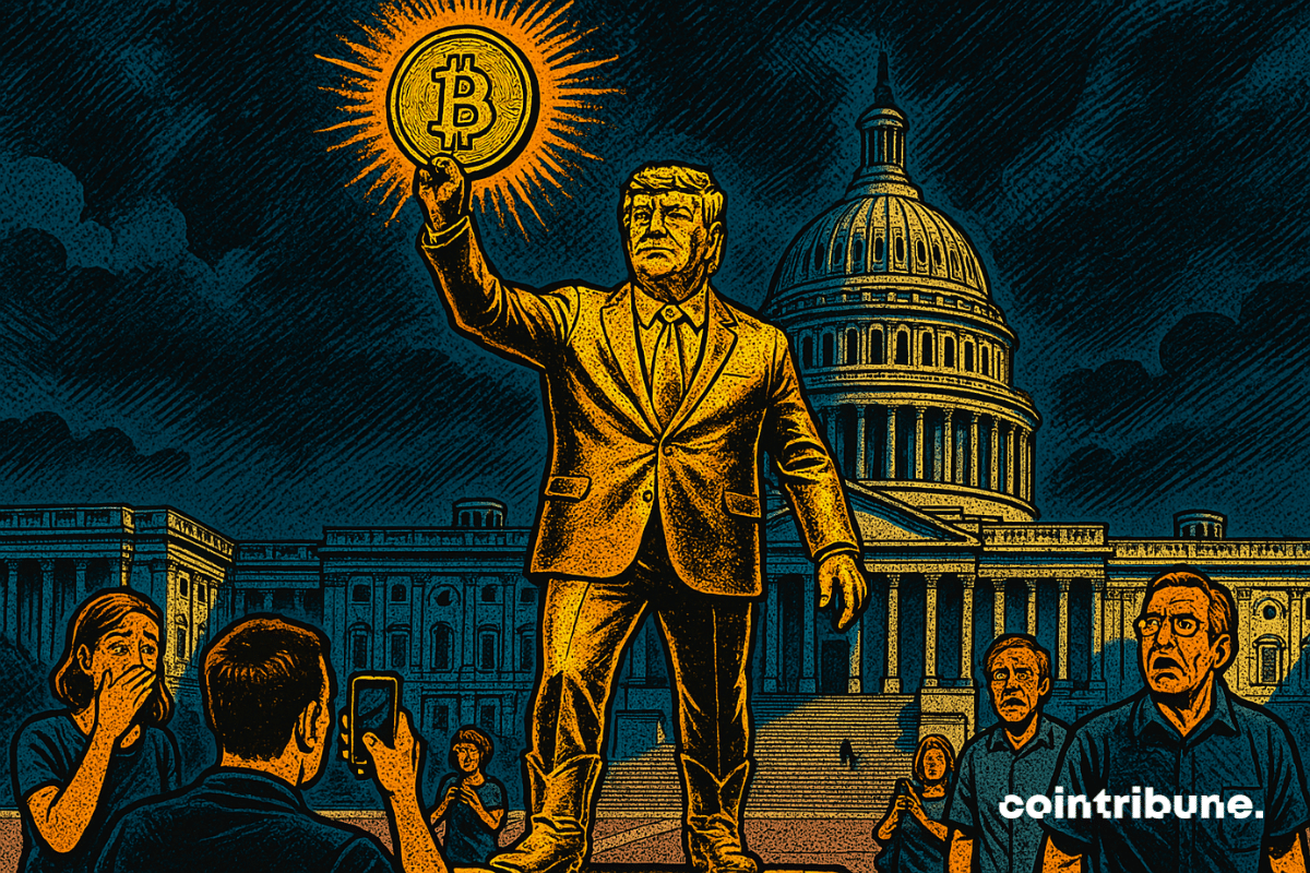 Golden statue of Trump holding a Bitcoin in front of the Capitol, shocked crowd, dark sky, dramatic and provocative atmosphere.