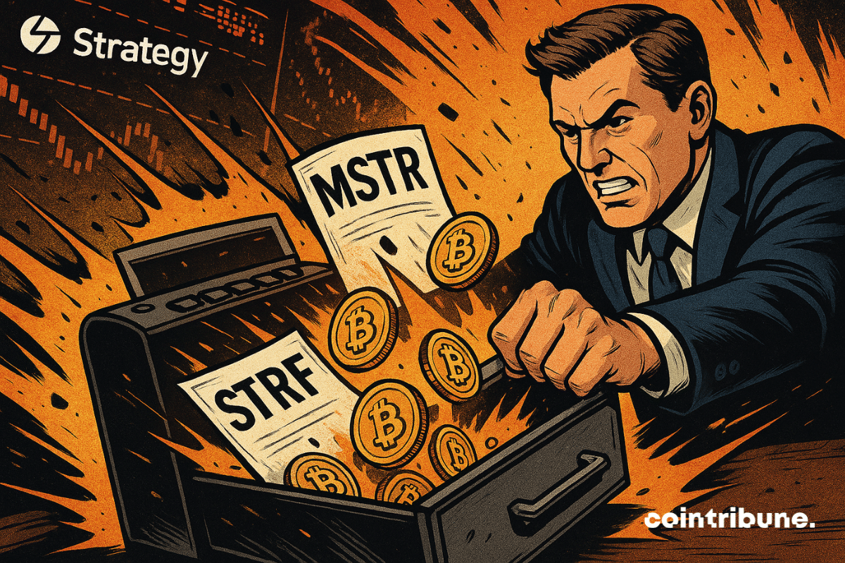 A man in a suit breaks into a cash register, releasing bitcoins and MSTR and STRF securities in an explosion.