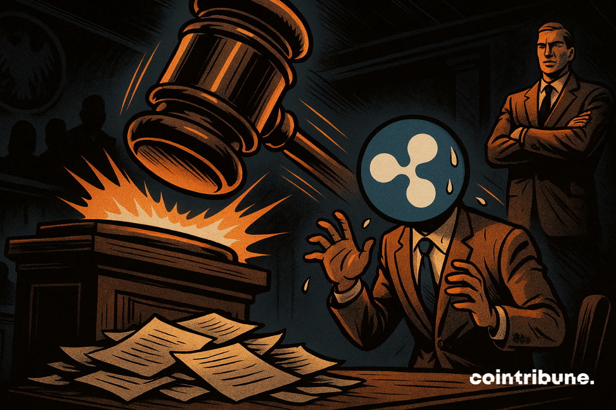 Figura com a cabeça do logotipo da Ripple transpira sob um martelo gigante no tribunal, observada por um homem severo.