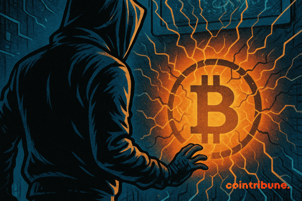 Silueta encapuchada tocando un símbolo de Bitcoin brillante, rodeada de código fractal azul en un entorno tecnológico oscuro.