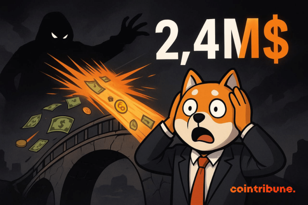 Shiba Inu shocked on a cracked bridge, money being sucked by a dark silhouette, glowing .4M figure.